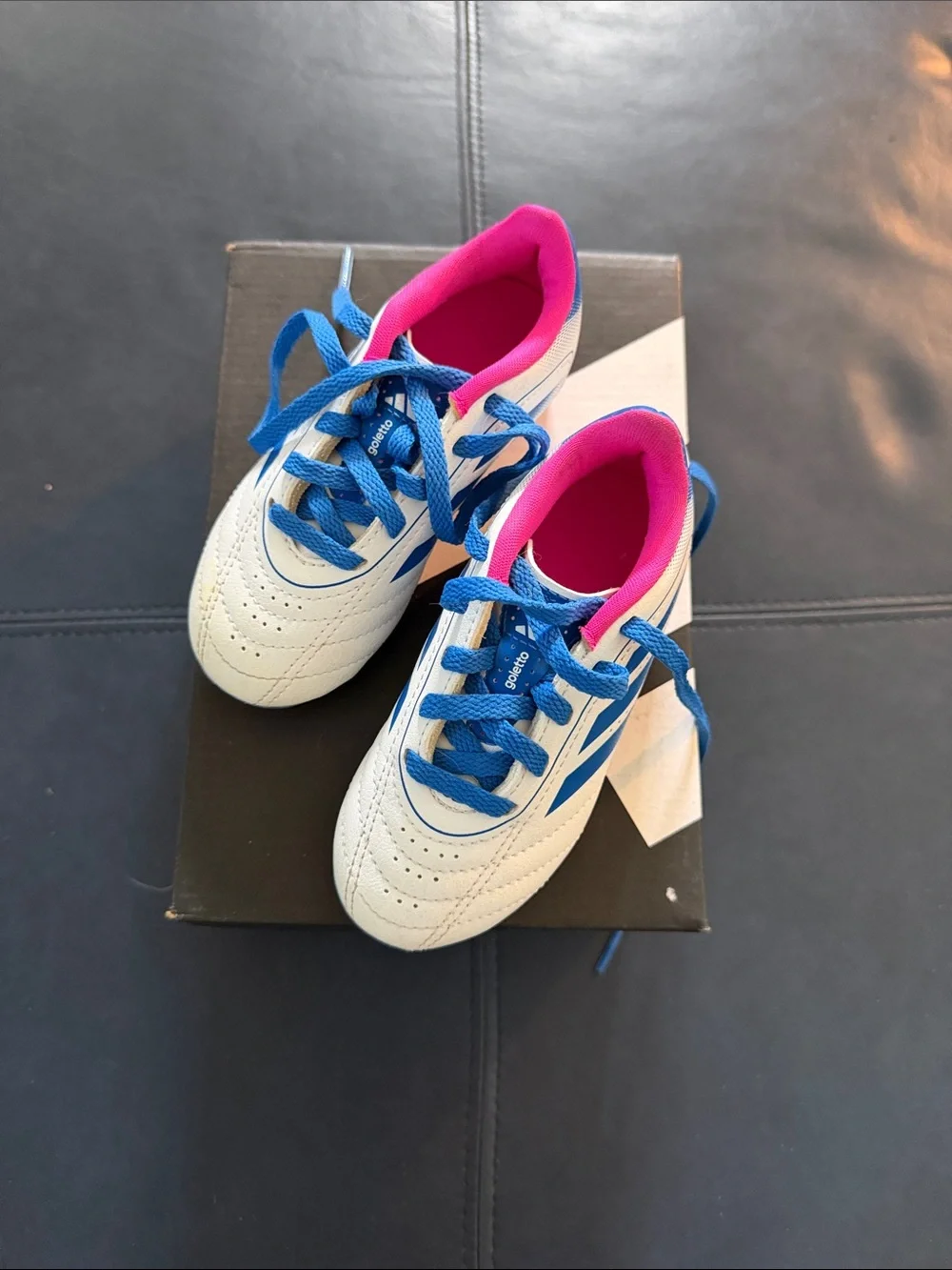 Adidas toddler Soccer Shoes with Blue Laces and Pink Lining